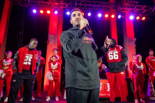 Because of the coronavirus crisis, UL strength and conditioning coach Mark Hocke, shown here during a homecoming pep rally last season,  can't work hands-on with Ragin' Cajun football players this spring.