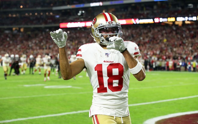 San Francisco 49ers wide receiver Dante Pettis (18) dances after making a touchdown catch against the Arizona Cardinals in the second half during a game on Oct. 31, 2019 in Glendale, Ariz.