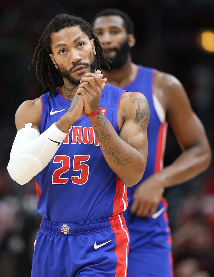 The Detroit Pistons' Derrick Rose (25) acknowledges the applause of fans as he comes into the game in the first quarter against the Chicago Bulls, his former team, at the United Center in Chicago on Friday, Nov. 1, 2019.