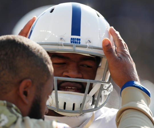 Jacoby Brissett (7) of the Indianapolis Colts gets encouragement after he was injured during game action, Colts at Heinz Field, Pittsburgh, Sunday, Nov. 3, 2019. Colts lost 24-26. 