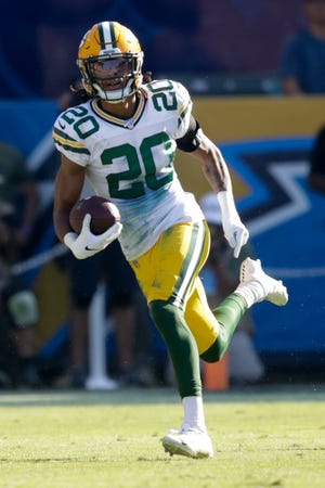 Green Bay Packers cornerback Kevin King runs against the Los Angeles Chargers during the first half of an NFL football game Sunday, Nov. 3, 2019, in Carson, Calif. (AP Photo/Marcio Jose Sanchez)