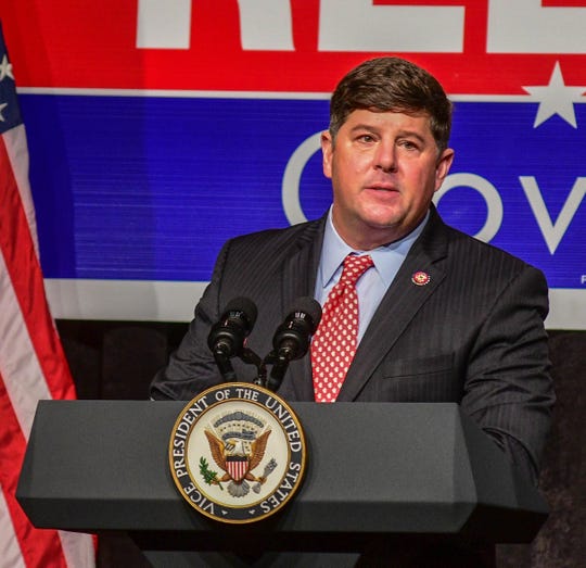 Rep. Steven Palazzo speaks during the rally for Mississippi Republican gubernatorial candidate Tate Reeves at the Mississippi Gulf Coast Coliseum Monday, Nov. 4, 2019 in Biloxi, Miss.
