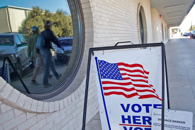People walking by the Keyes Building in San Angelo are reflected in a window Friday, Nov. 1, 2019. Early voting at the Keyes Building for the Texas constitutional amendment election on Tuesday, Nov. 5,  ended last Friday.