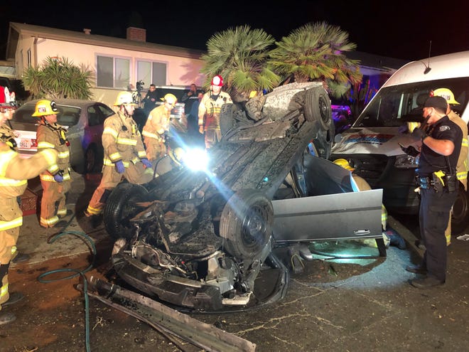 Crews from the Ventura Fire Department rescued two people trapped in a car on Nov. 4, 2019.