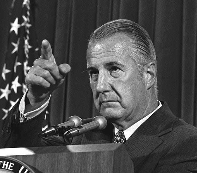 Vice President Spiro T. Agnew is shown in a Aug. 8, 1973 file photo at a Washington, D.C., news conference.