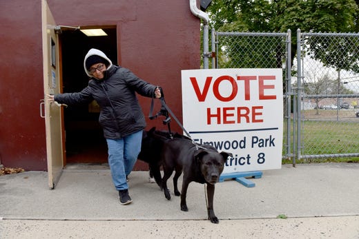 Susan Crown, of Elmwood Park, comes out of her polling station at a fire house on Mola Blvd with her two dogs in Elmwood Park, N.J. on Tuesday Nov. 5, 2019.