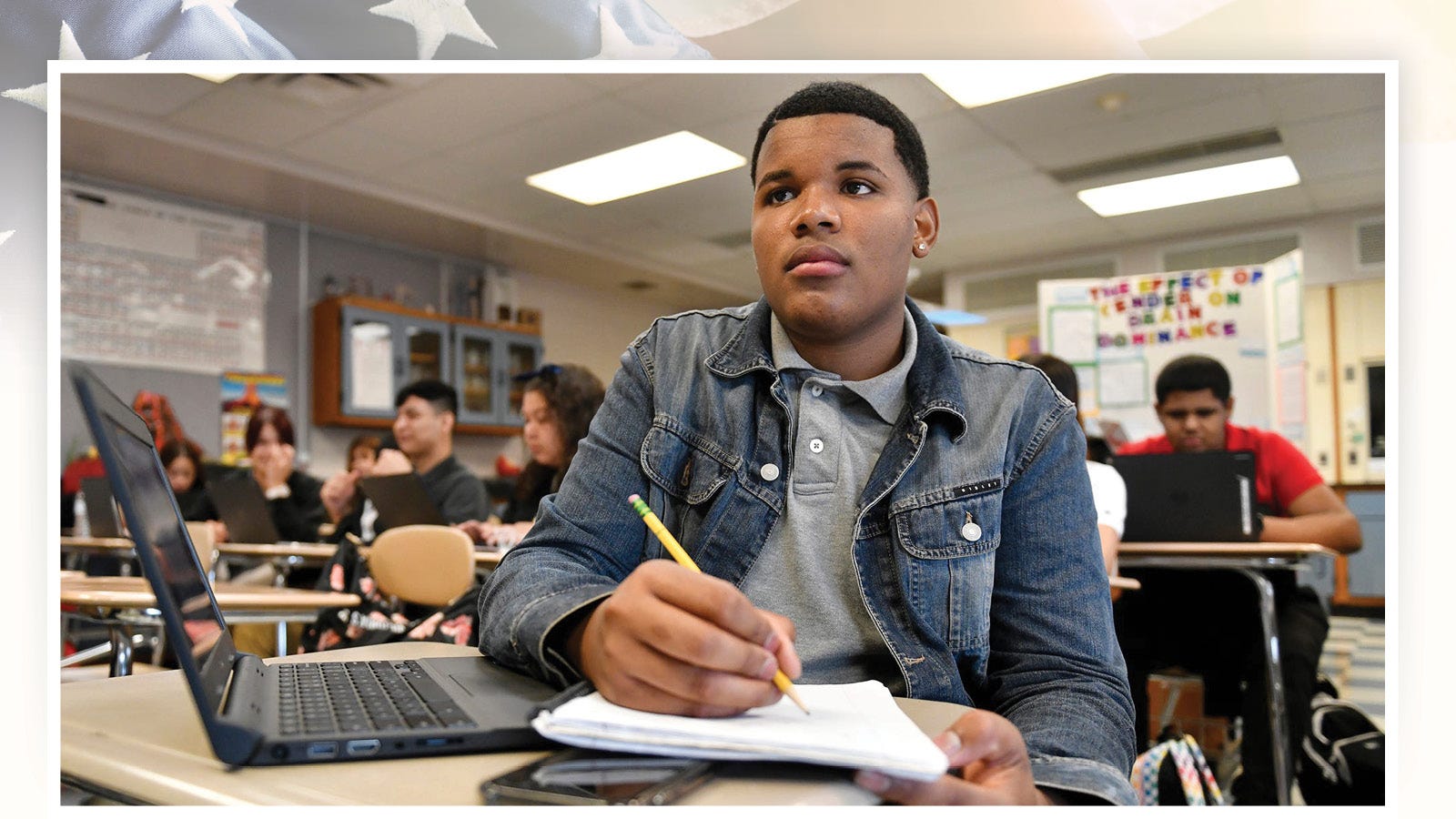 Kevin Sanchez takes notes during class Sept. 30, 2019, at Vineland High School in Vineland, New Jersey.