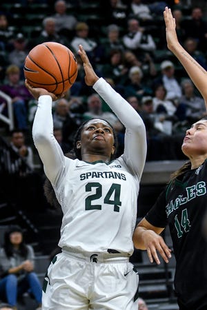 Michigan State's Nia Clouden, left, scores as Eastern Michigan's Natalia Pineda defends during the  fourth quarter on Tuesday, Nov. 5, 2019, at the Breslin Center in East Lansing.