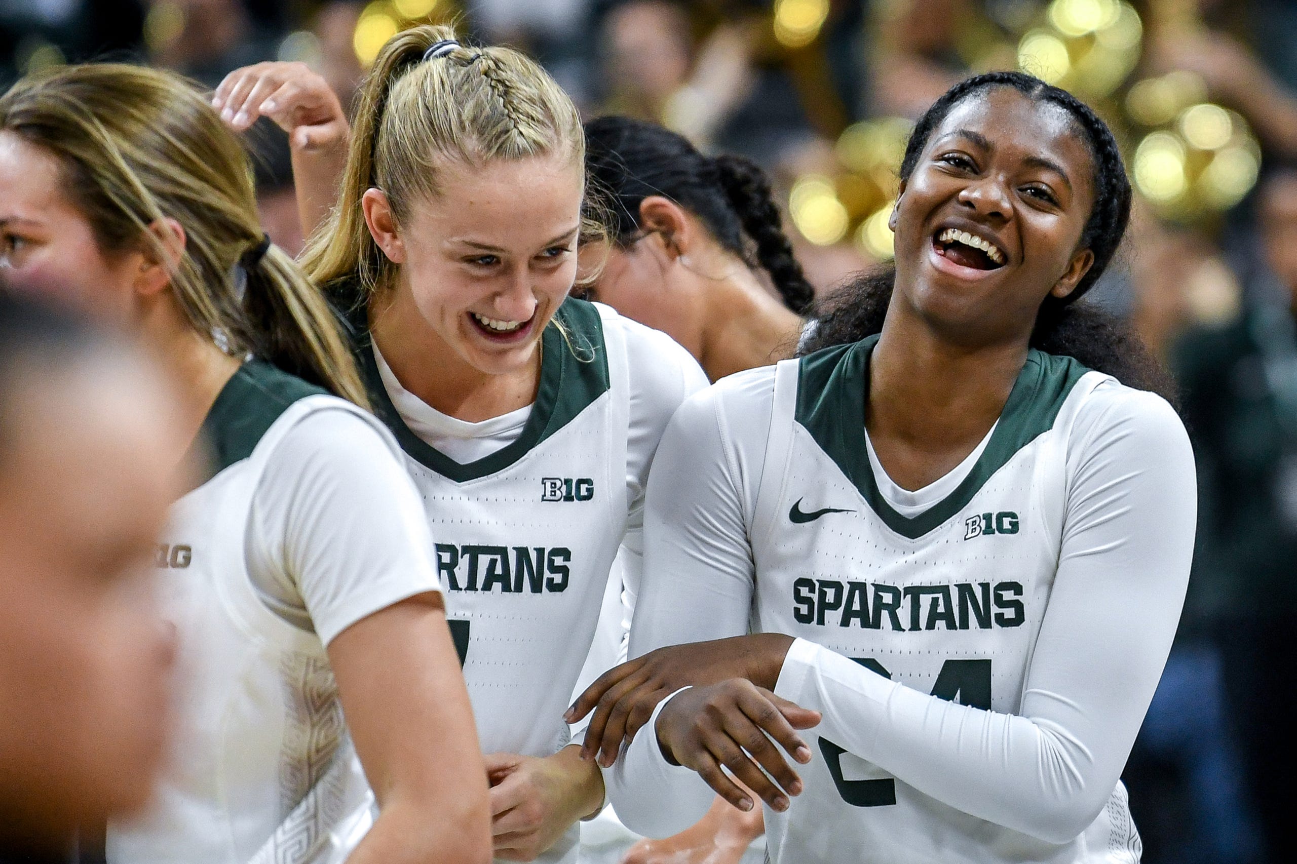 Michigan State's Nia Clouden, right, celebrates with Tory Ozment after their victory over Eastern Michigan on Tuesday, Nov. 5, 2019, at the Breslin Center in East Lansing.