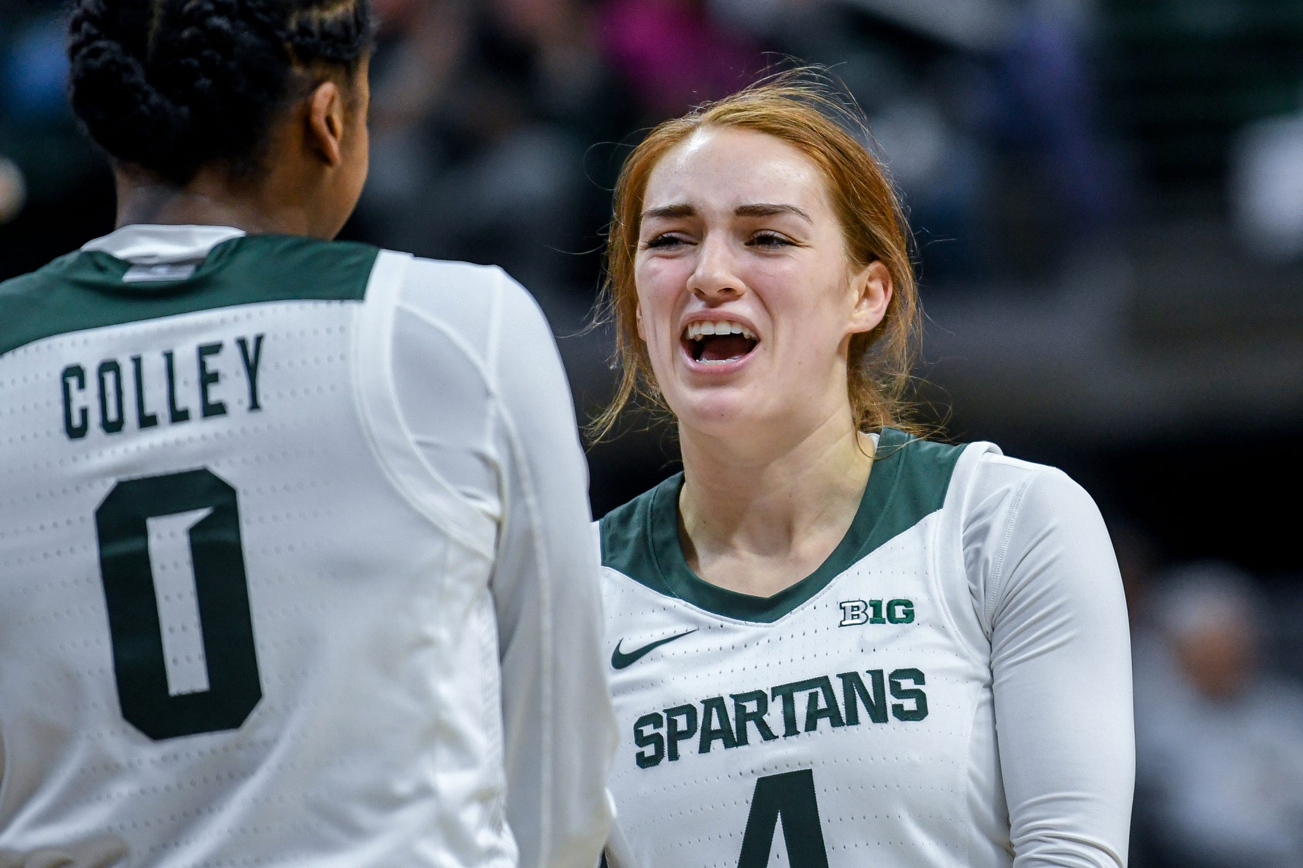 Michigan State's Taryn McCutcheon, right, celebrates with teammate Shay Colley after a play during the fourth quarter on Tuesday, Nov. 5, 2019, at the Breslin Center in East Lansing.