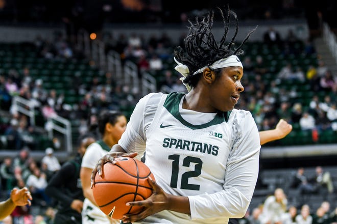 Michigan State's Nia Hollie grabs a rebound during the first quarter on Tuesday, Nov. 5, 2019, at the Breslin Center in East Lansing.