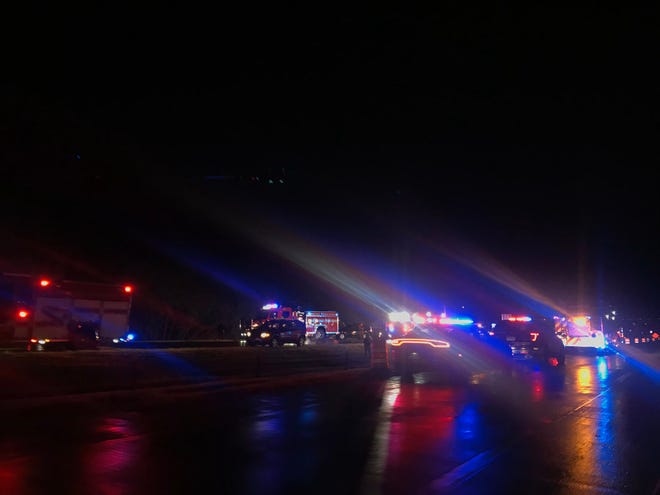 Authorities respond to a serious crash on Interstate 229 on Tuesday night in Sioux Falls.