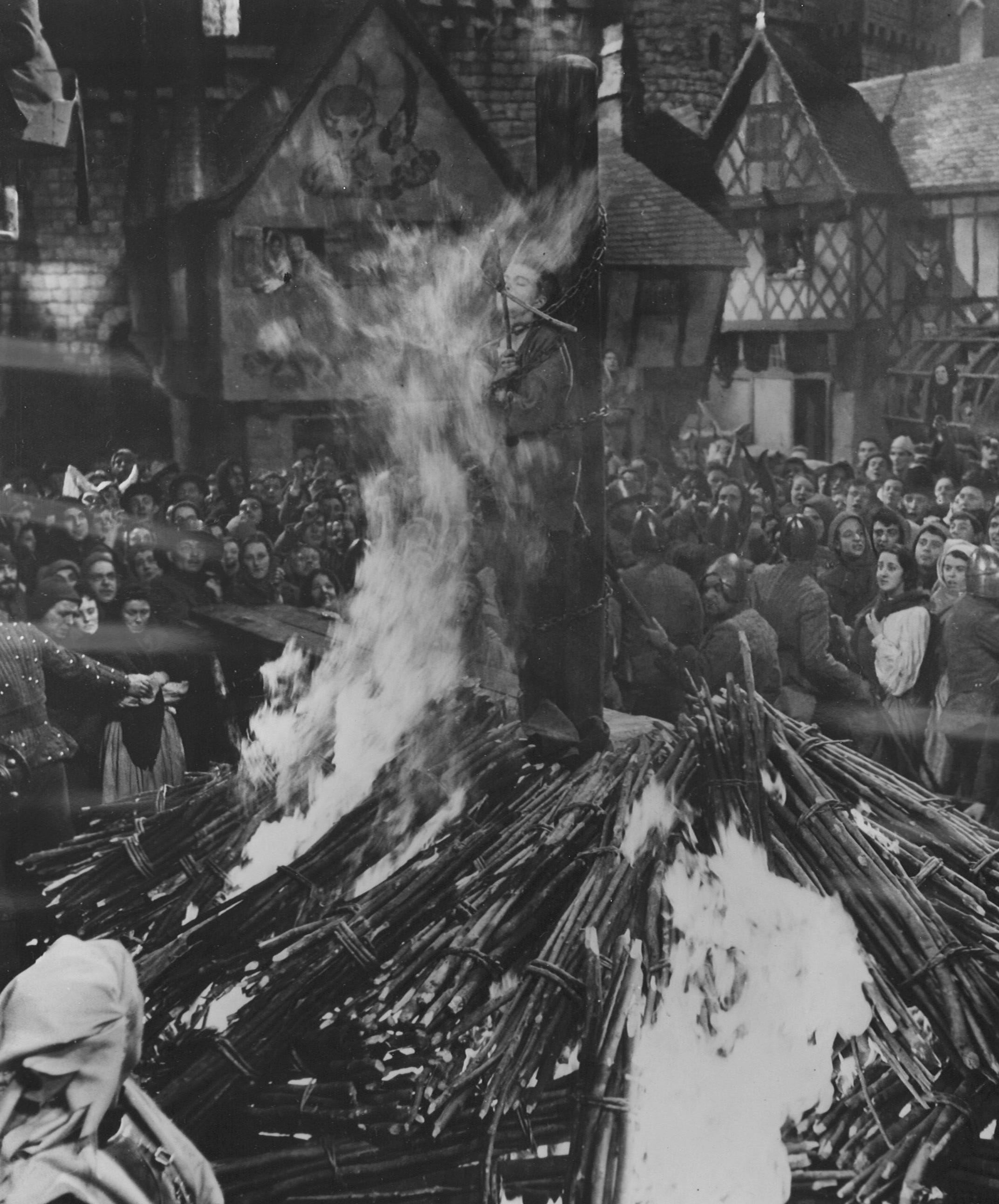 From 1957: Rescuers attempt to help Iowa-born actress Jean Seberg while flames are being extinguished after her accidental burning at the stake on the set of Otto Preminger's film version of Bernard Shaw's "Saint Joan." Seberg, of Marshalltown, had her hair and eyebrows singed and her stomach and hands were burned. Her costume smolders in this shot.