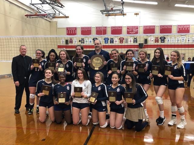 Kennedy Catholic poses with the CHSAA AA championship plaque, after defeating the Mary Louis Academy, 3-2.