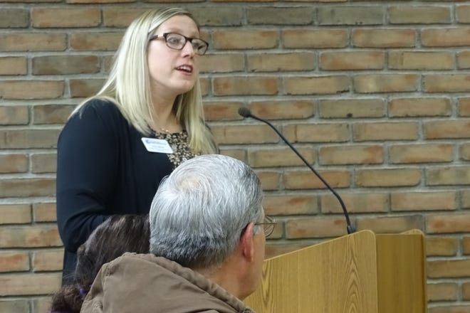Erin Stine of the Crawford Partnership presents a proposal for adding an electric vehicle charging station to a city parking lot during a Bucyrus City Council committee meeting Thursday.