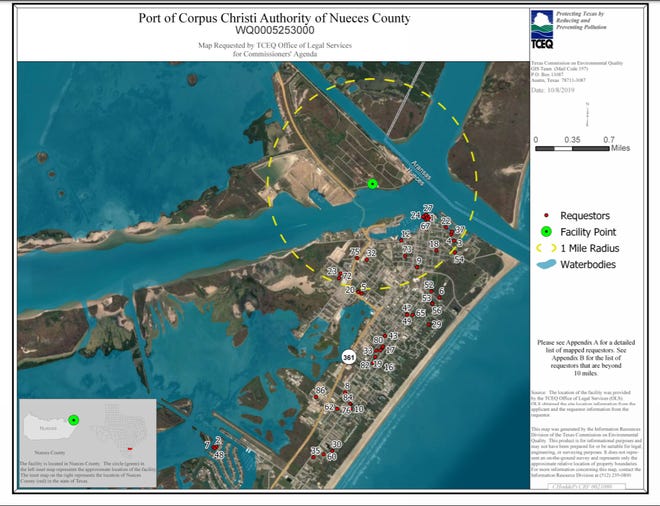 Teksaso aplinkos kokybės komisijos sudarytame žemėlapyje parodyta Corpus Christi uosto siūlomos gėlinimo gamyklos vieta ir jos vienos mylios spindulys.