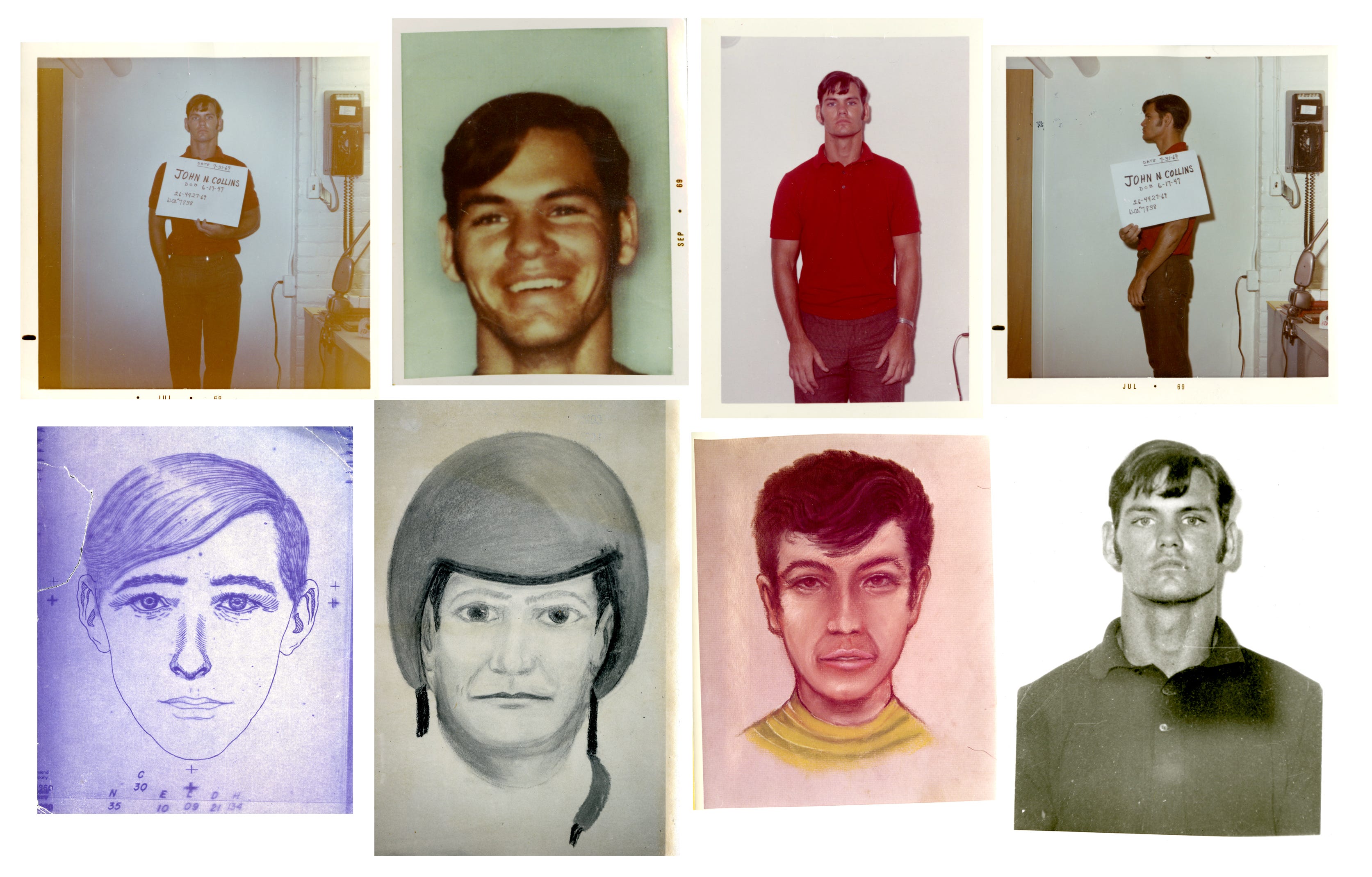 Mug shots and suspect sketches from the evidence case files on John Norman Collins.