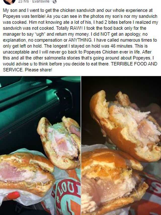 Popeyes Chicken Sandwich Served To Indiana Woman Raw She Says