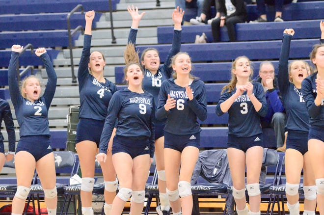 Marysville's bench celebrates scoring a point against Algonac during the Division 2 volleyball district championship on Thursday, Nov. 7, 2019.