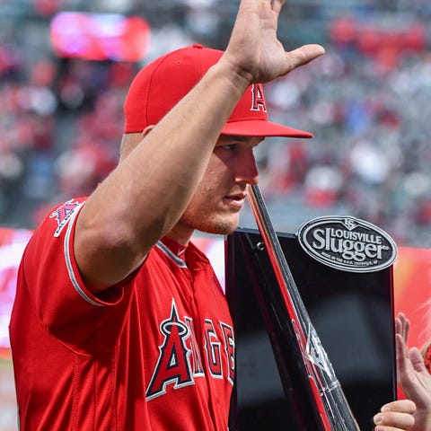 Angels center fielder Mike Trout receives his sixt