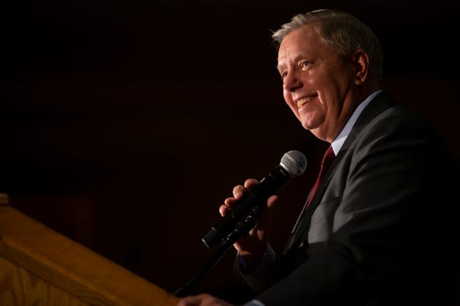 U.S. Senator Lindsey Graham speaks during the Iowa GOP's Lincoln-Reagan Dinner at the Downtown Marriott on Friday, Nov. 8, 2019 in Des Moines. 
