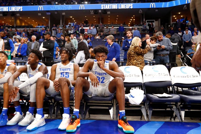 Memphis Tigers center James Wiseman waits to be introduced before they take on the UIC Flames at the FedExForum on Friday, Nov. 8, 2019. Earlier in the day, Wiseman was declared ineligible by the NCAA.