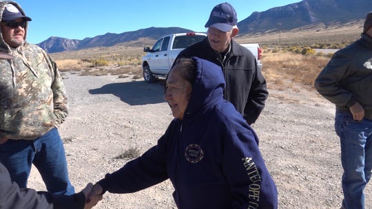 Delaine Spilsbury, an Ely Shoshone elder and board member for the Great Basin Water Network visits the possible future site of a highway kiosk to commemorate the Bahsahwahbee Traditional Cultural Property in White Pine County, Nev.