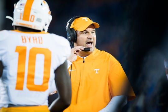Tennessee football coach Jeremy Pruitt yells to players during a game between Tennessee and Kentucky at Kroger Field in Lexington, Ky., Saturday, Nov. 9, 2019