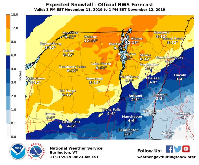 Estimated snowfall for November 11-12 as predicted by National Weather Service Burlington early Monday morning.