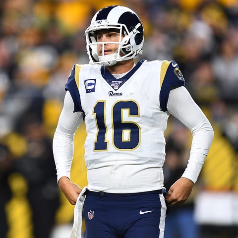 Jared Goff #16 of the Los Angeles Rams reacts afte