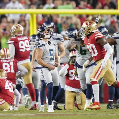 Seattle Seahawks kicker Jason Myers celebrates aft