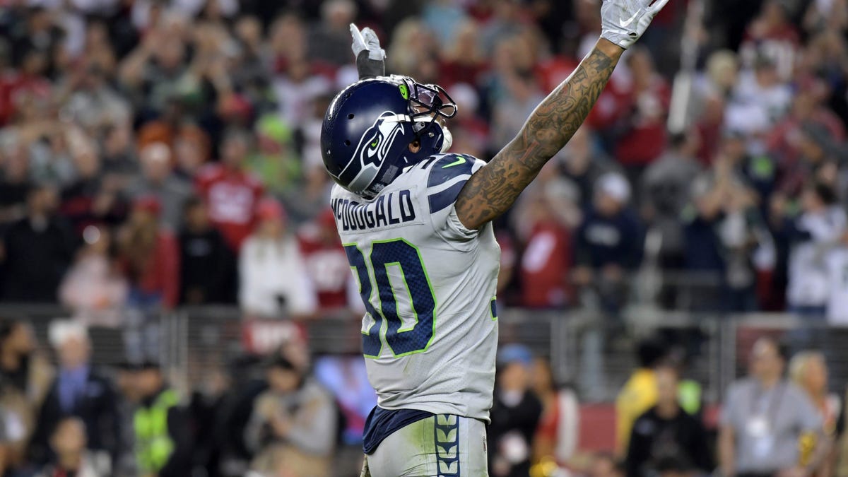 Seattle's Bradley McDougald (30) celebrates after a missed field goal by the San Francisco 49ers in overtime.
