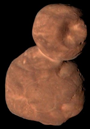 Composite image of primordial contact binary Kuiper Belt Object 2014 MU69 from New Horizons Spacecraft Data.