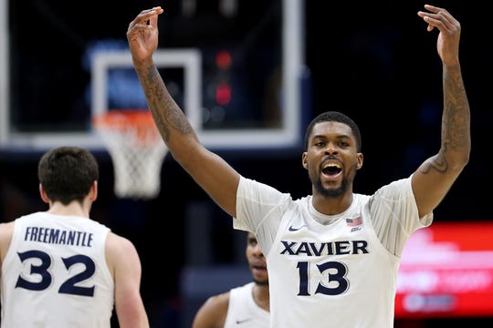 Xavier Musketeers forward Naji Marshall (13) pumps up the crowd after a turnover in the first half of a college basketball game against the Missouri Tigers, Tuesday, Nov. 12, 2019, at Cintas Center in Cincinnati. 