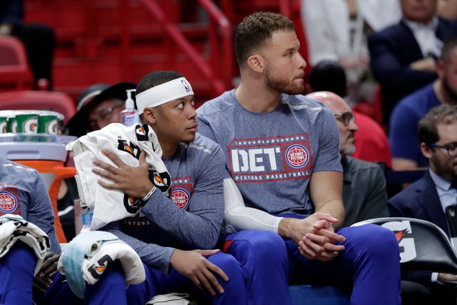 Blake Griffin watches from the bench on Tuesday night. He did not play against the Miami Heat.