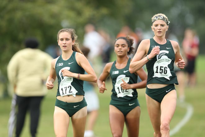 (Pictured left to right) Jeralyn Poe, India Johnson and Annie Fuller race during Spartan Invitational in September, 2019.