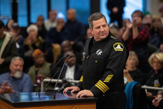 Sacramento Sheriff Scott Jones is shown speaking at a county Board of Supervisors meeting in 2018.