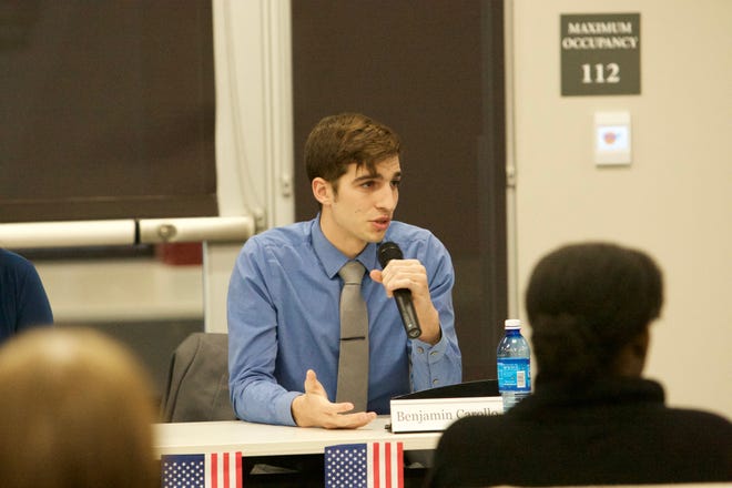 Benjamin Carollo is running for state representative in Minnesota's District 13B in 2020. In this photo from his 2018 campaign, Carollo speaks at a candidate forum.