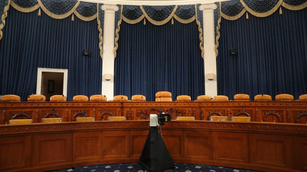 The dais in the hearing room where the House will 