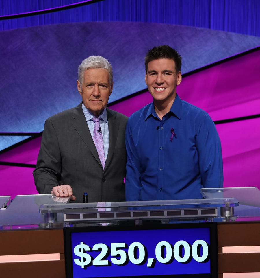 James Holzhauer, with host Alex Trebek, won the 2019 "Jeopardy!" Tournament of Champions, and added $250,000 to his winnings.