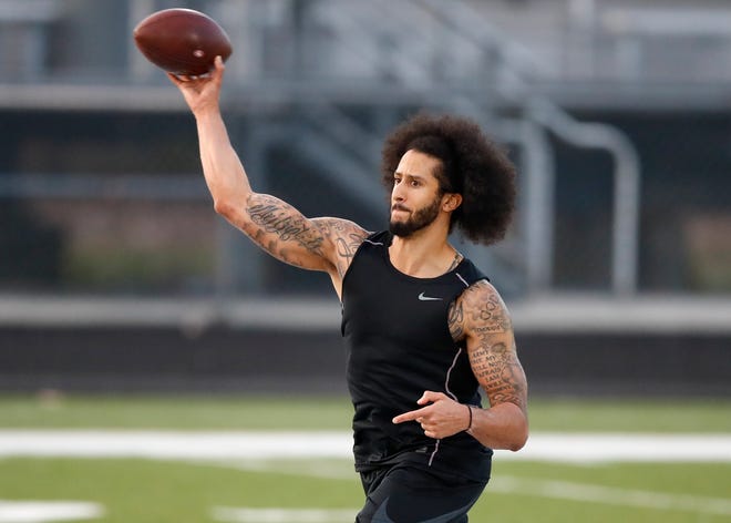 Free agent quarterback Colin Kaepernick participates in a workout in front of NFL teams and media on Saturday.