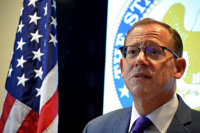 New Mexico State Auditor Brian Colón speaks with reporters Monday, Nov. 18, 2019, in Albuquerque.