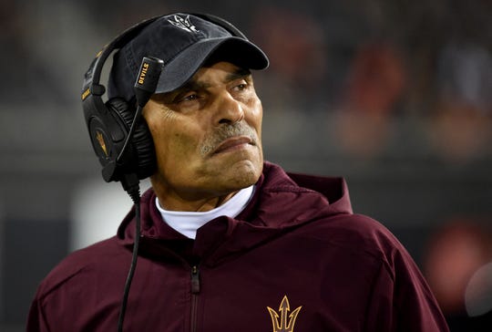 Arizona State coach Herm Edwards watches from the sideline during the second half of the team's NCAA college football game against Oregon State in Corvallis, Ore., Saturday, Nov. 16, 2019. Oregon State won 35-34.