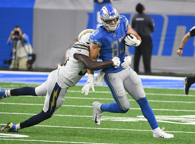 Lions tight end Jesse James has eight catches for 64 yards in 10 games this season.