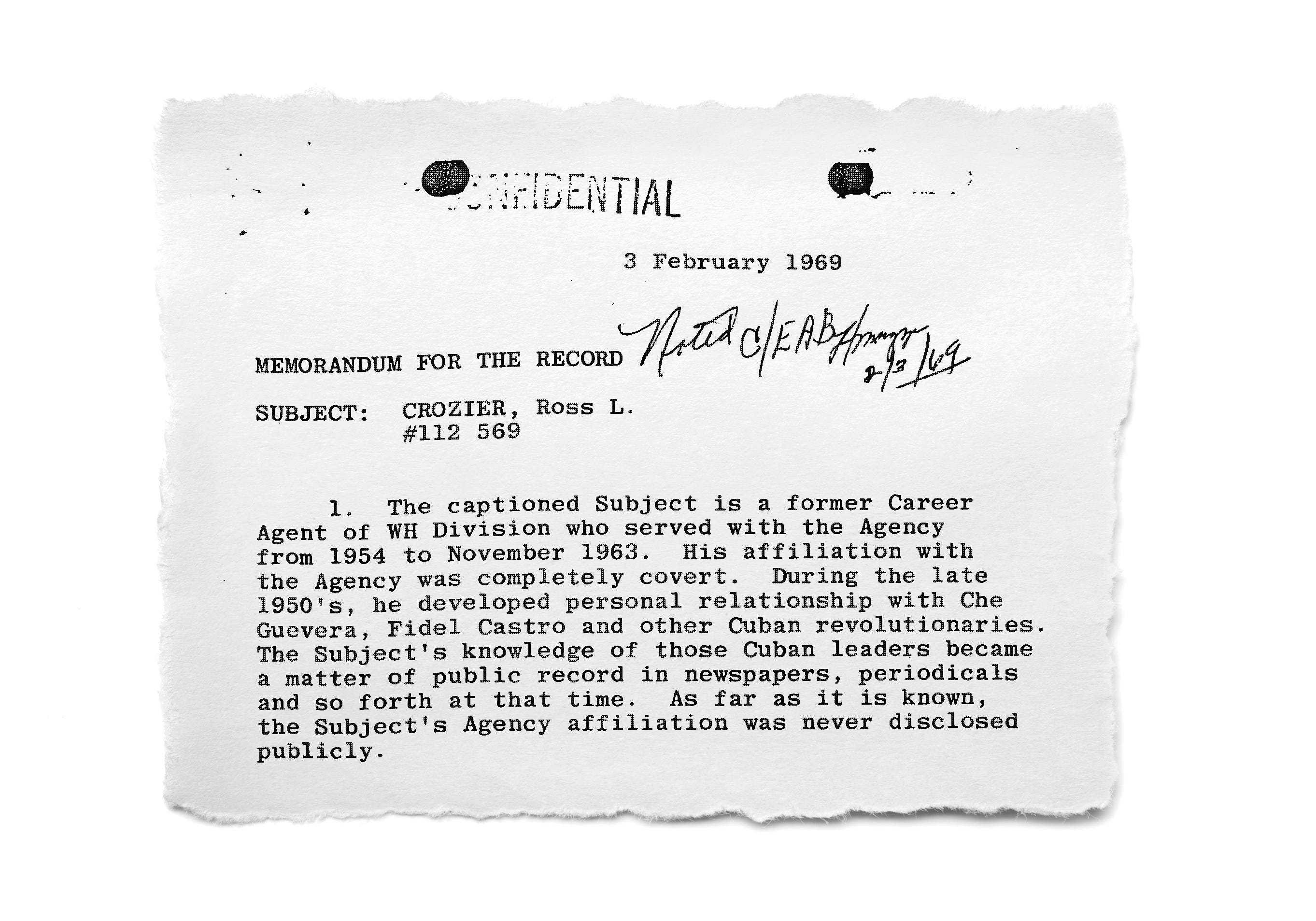 A CIA assessment of Ross Crozier's interactions with Fidel Castro and Ernesto "Che" Guevara.