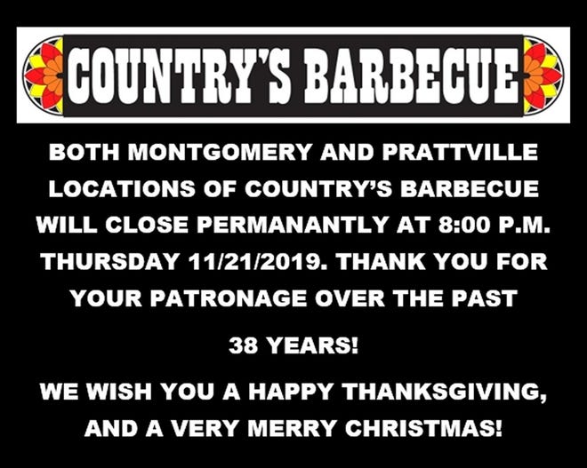 Country's Barbecue announced plans to close in an image posted Wednesday to social media.