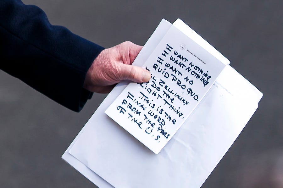 A sneak peek at President Donald Trump's notes as he speaks to the media about the impeachment proceedings.
