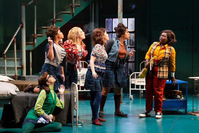 From left: Sydney Farley (Ya-Ya), Jasmine Forsberg (Rat), Emerson Mae Smith (Kitty), Lena Skeele (Dorothy), Tatiana Wechsler (Judith) and Amina Faye (Susannah Son) in Two River Theater’s world premiere of "Love in Hate Nation" by Joe Iconis.