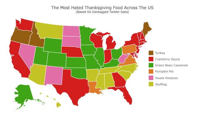 The most-hated Thanksgiving sides, based on tagged Twitter data compiled by The Daring Kitchen