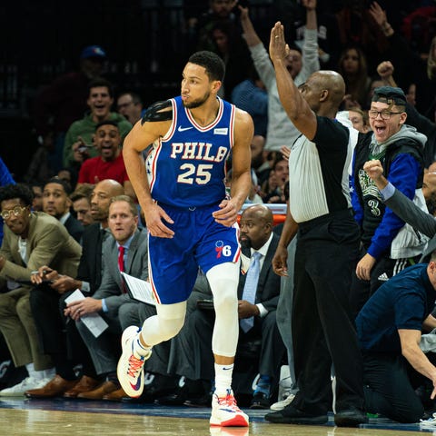 Ben Simmons hits a 3-pointer against the Knicks.
